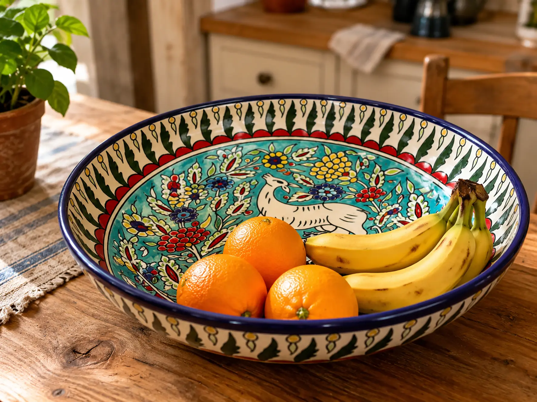 Turquoise Armenian ceramic fruit bowl filled with oranges and bananas, 13 in (33 cm) hand-painted decorative bowl on a kitchen table