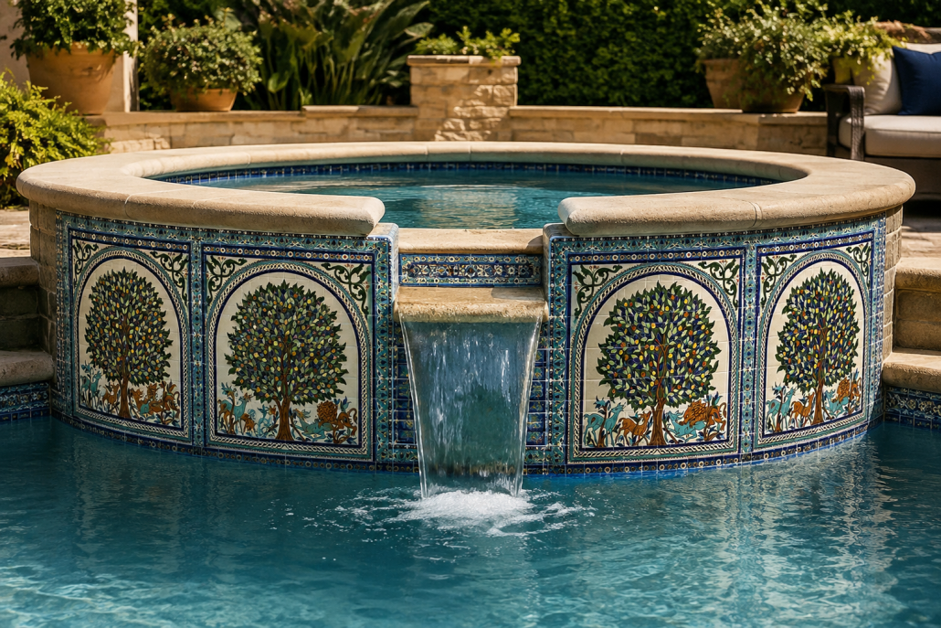 Hand-painted tile on a raised spa wall and spillway in a Mediterranean style US pool