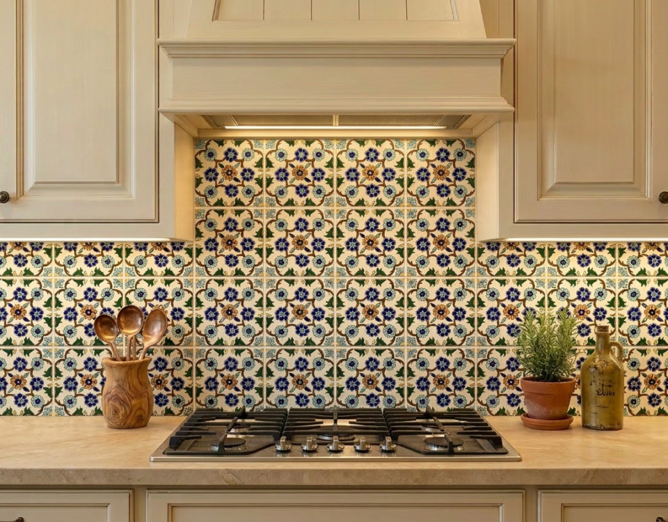 Hand-painted blue and ochre floral tile backsplash above a gas cooktop in a cream kitchen