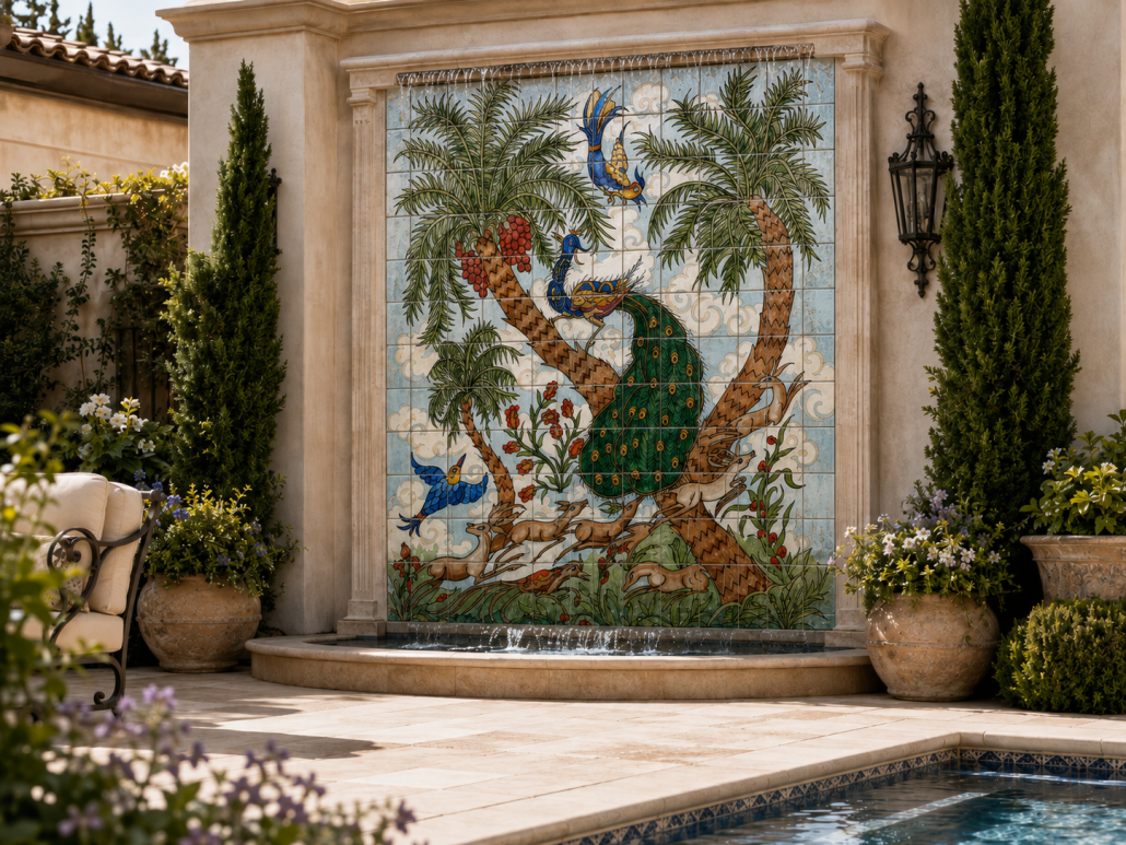 Hand-painted ceramic tile mural used as a courtyard wall fountain