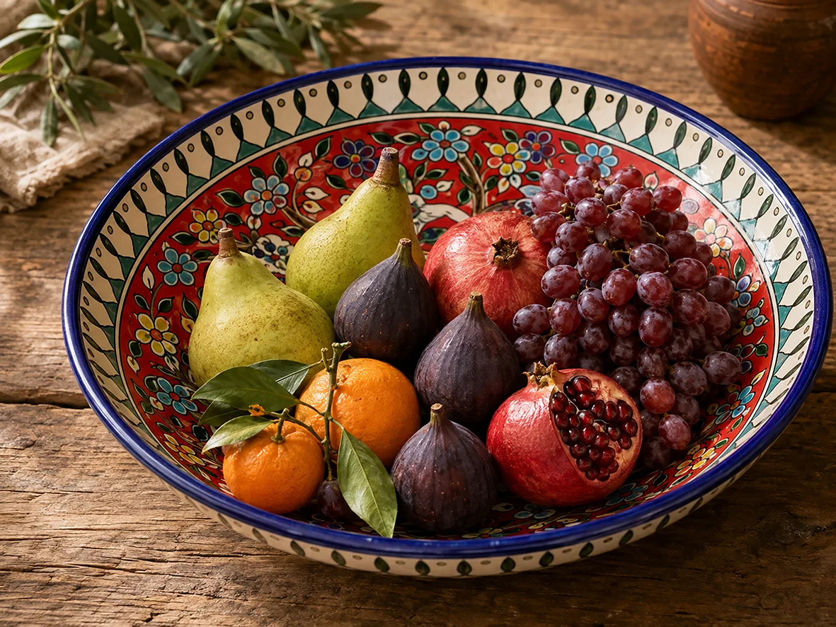 Red hand-painted decorative bowl filled with pomegranates, pears and figs, Armenian ceramic fruit bowl 13 in (33 cm) by Balian of Jerusalem