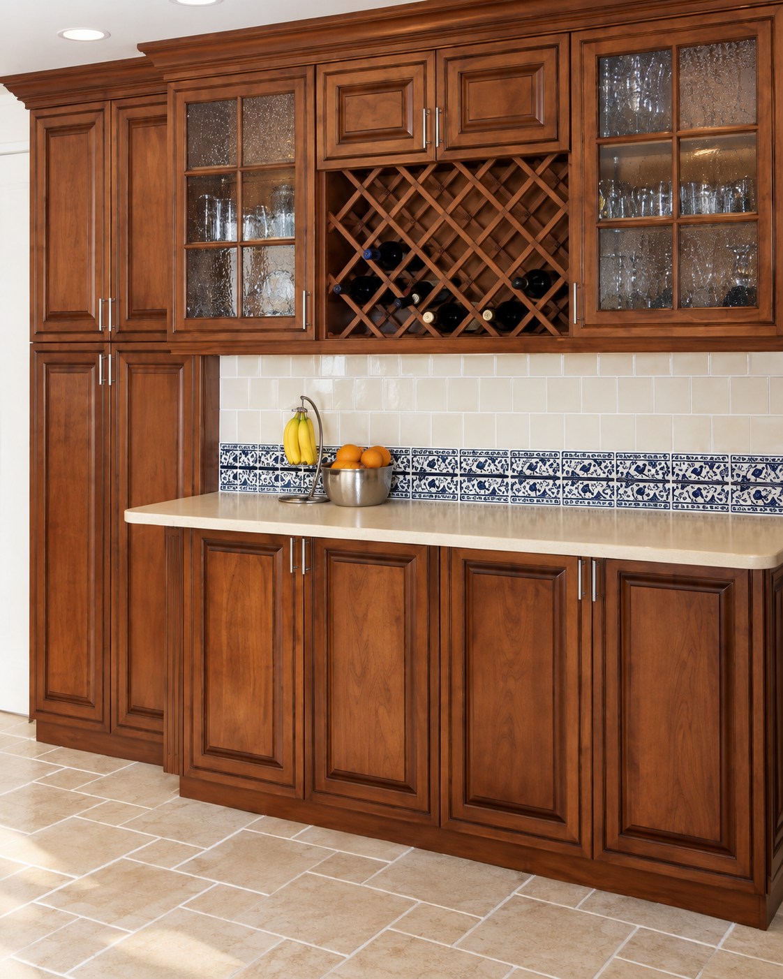 Blue-and-white bird border tiles above a cream countertop, with subway tiles and warm wood kitchen cabinets.