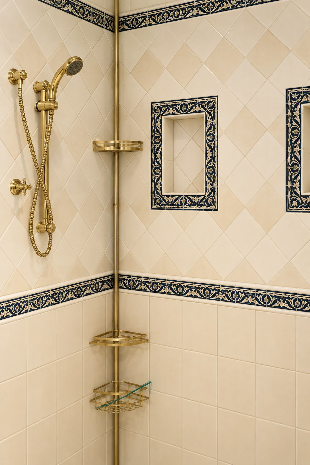 Navy and ivory botanical tile borders frame recessed shower niches beside brass fixtures and cream square tiles.