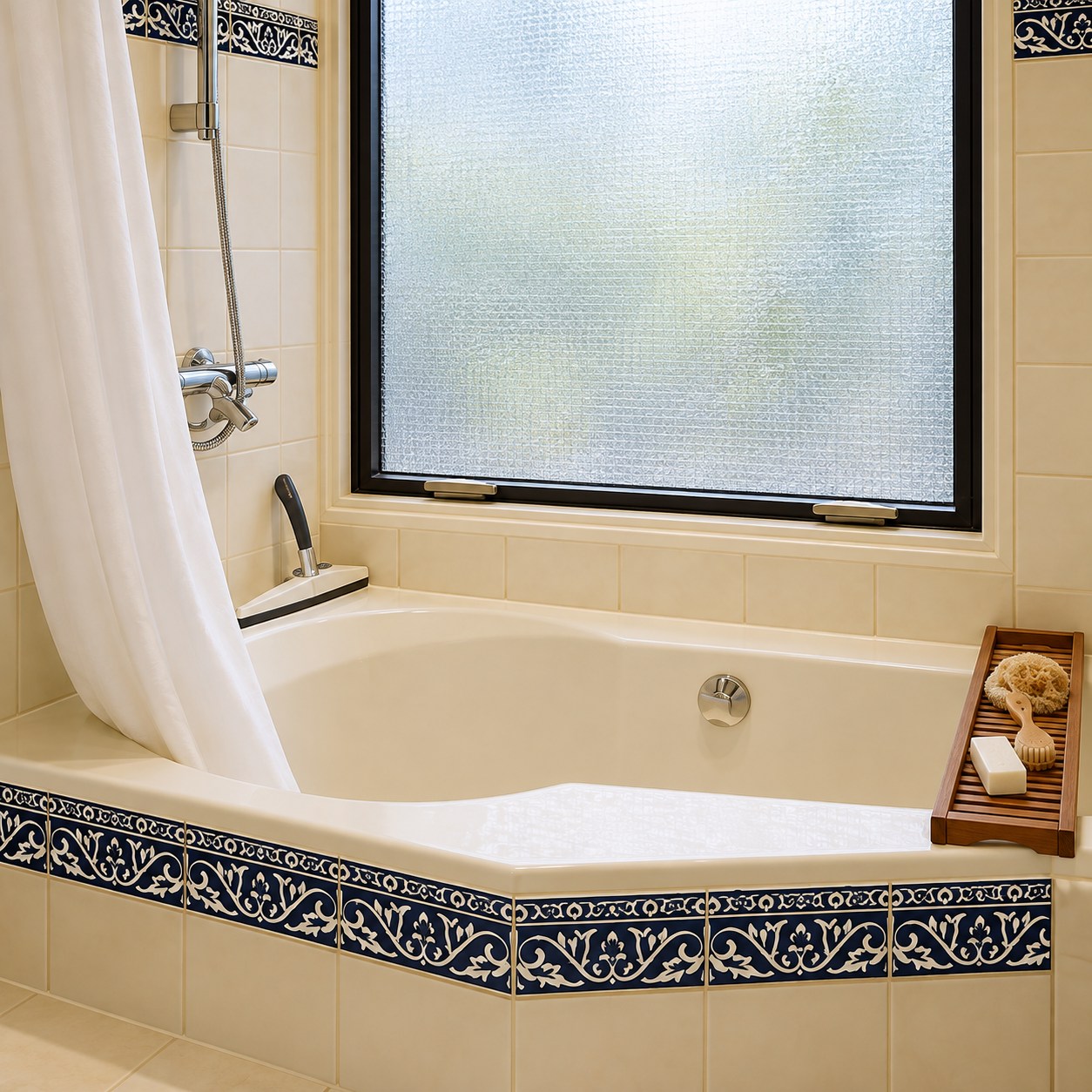Navy and ivory vine-pattern ceramic border on a cream bathtub surround beneath a frosted window.