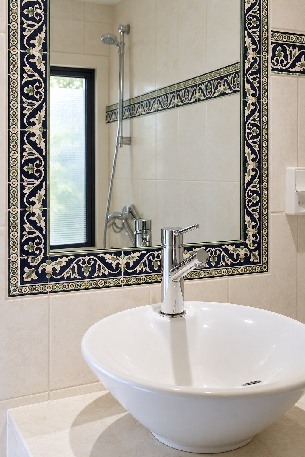 Bathroom mirror framed with navy, ivory and green ceramic vine border tiles above a white vessel basin.