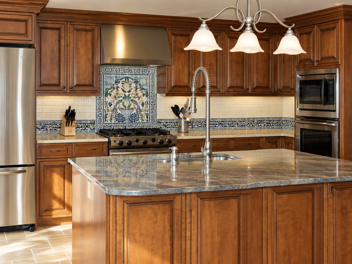 Framed blue and green floral tile mural above a range, with matching backsplash borders and wood cabinets.
