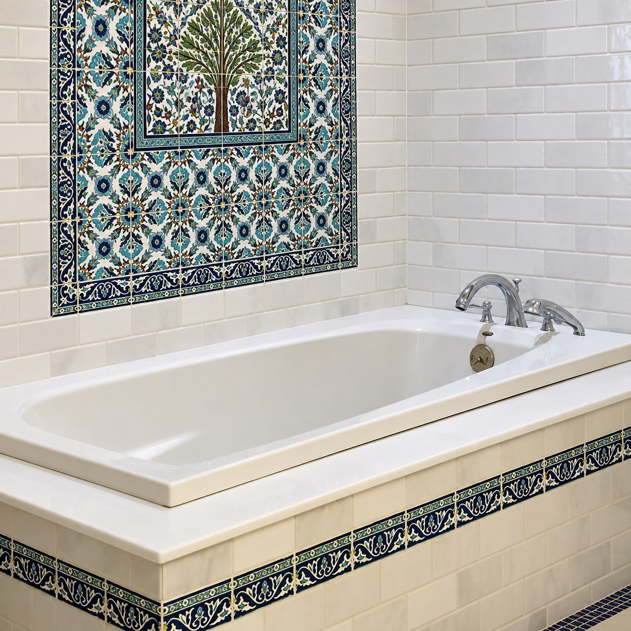 Blue and green tree tile mural above a white bathtub, with subway wall tiles and a navy botanical border.
